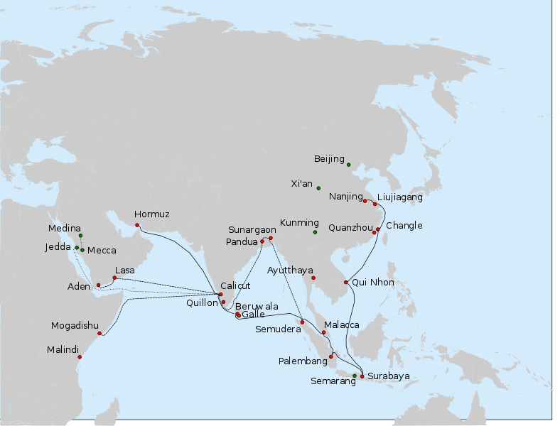(ภาพ) แผนที่แสดงเส้นทางการเดินทางของเจิ้งเหอทั้ง 7 ครั้งในยุค 1400s 