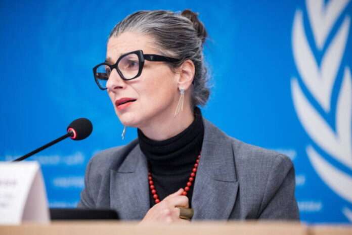 UN. Special Rapporteur on the situation of human rights in the occupied Palestinian territory, Francesca Albanese, speaks during a press conference, in Geneva